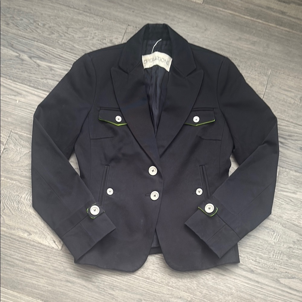 Operations | Chic Black Blazer with Green Accents Military Style Size Small